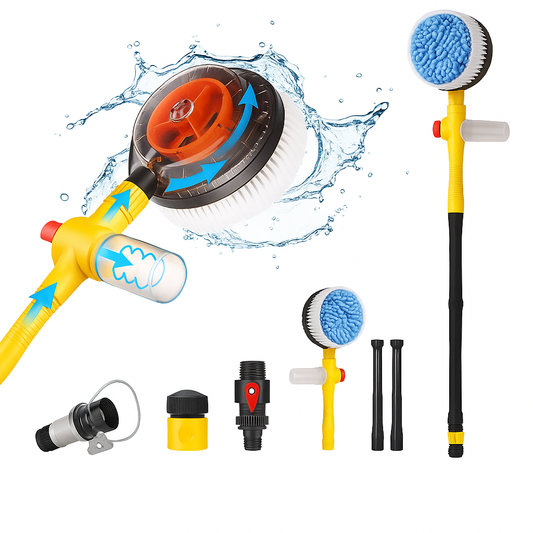 Kit Giratorio de Limpieza para Auto – 5 en 1 con Espuma, Mango Extensible y Rotación Automática
