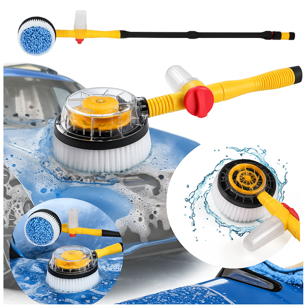Kit Giratorio de Limpieza para Auto – 5 en 1 con Espuma, Mango Extensible y Rotación Automática