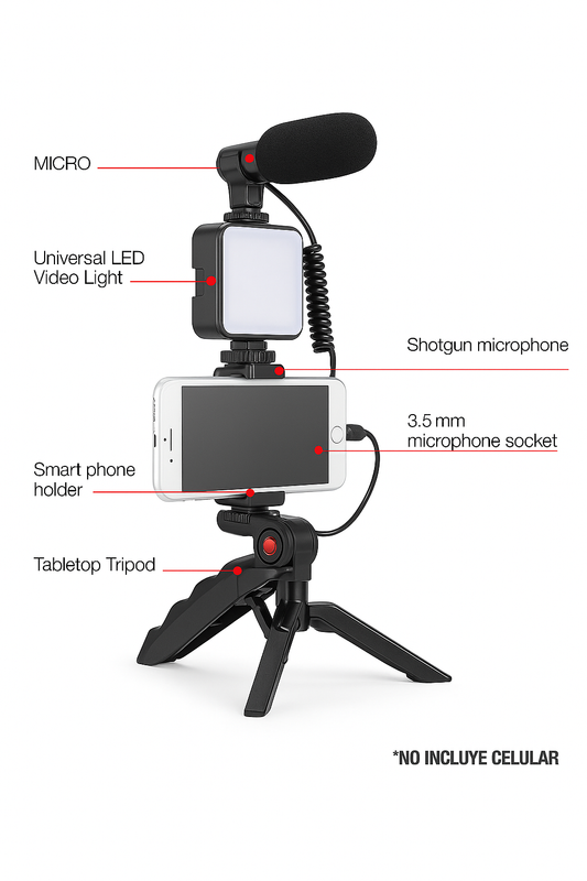 Kit de Grabación para Vlog – Trípode, Micrófono, Luz LED y Control Remoto
