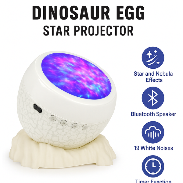 Proyector Huevo de Dinosaurio – Luz Estelar, Altavoz Bluetooth y Sonidos Naturales
